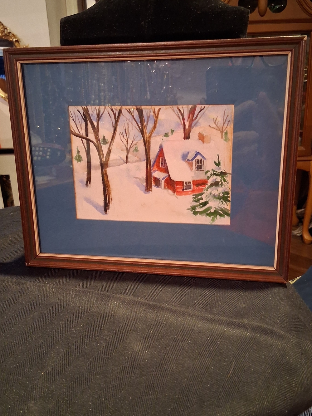Red Cottage Winter Watercolor with Snowy Evergreen - Picture 3 of 4
